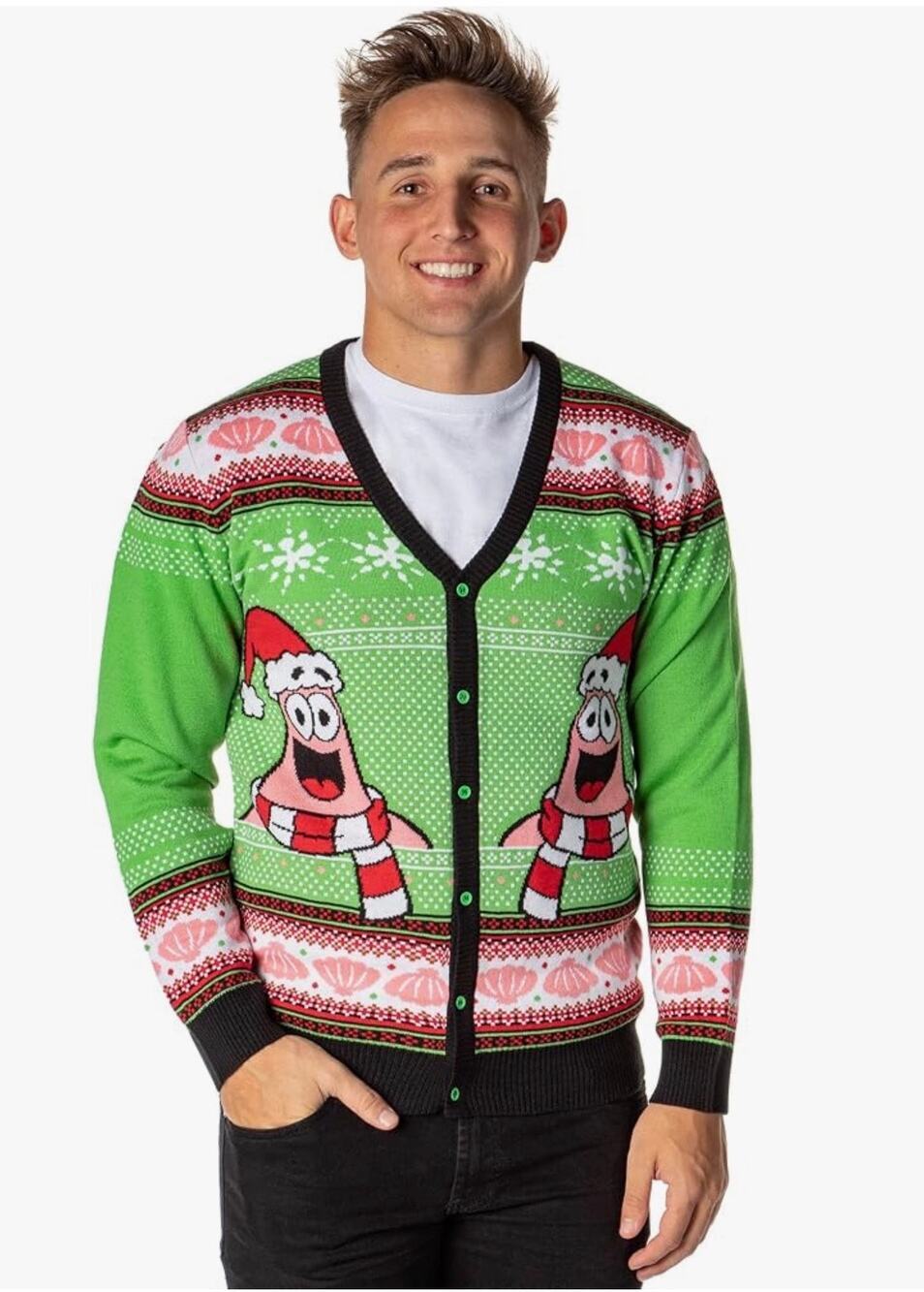 Spongebob Squarepants Men Santa Patrick Ugly Sweater Button Knit Cardigan Medium